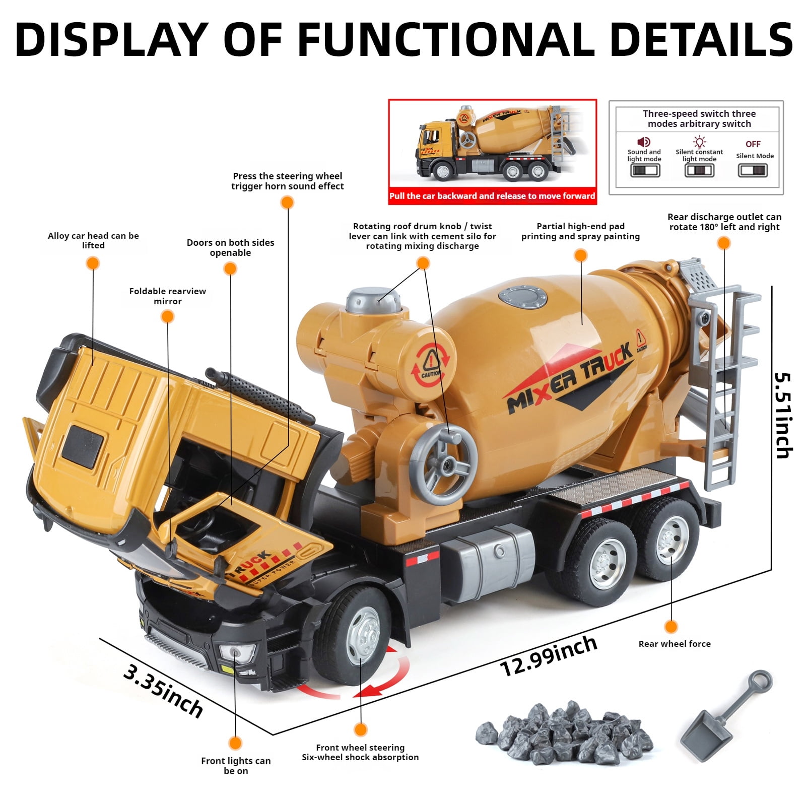 Anmyjuly Large Engineering mixer truck toy with Steering Wheels, Opening Doors, Shock Absorption Tires, and Sound Effects - cement mixer toy