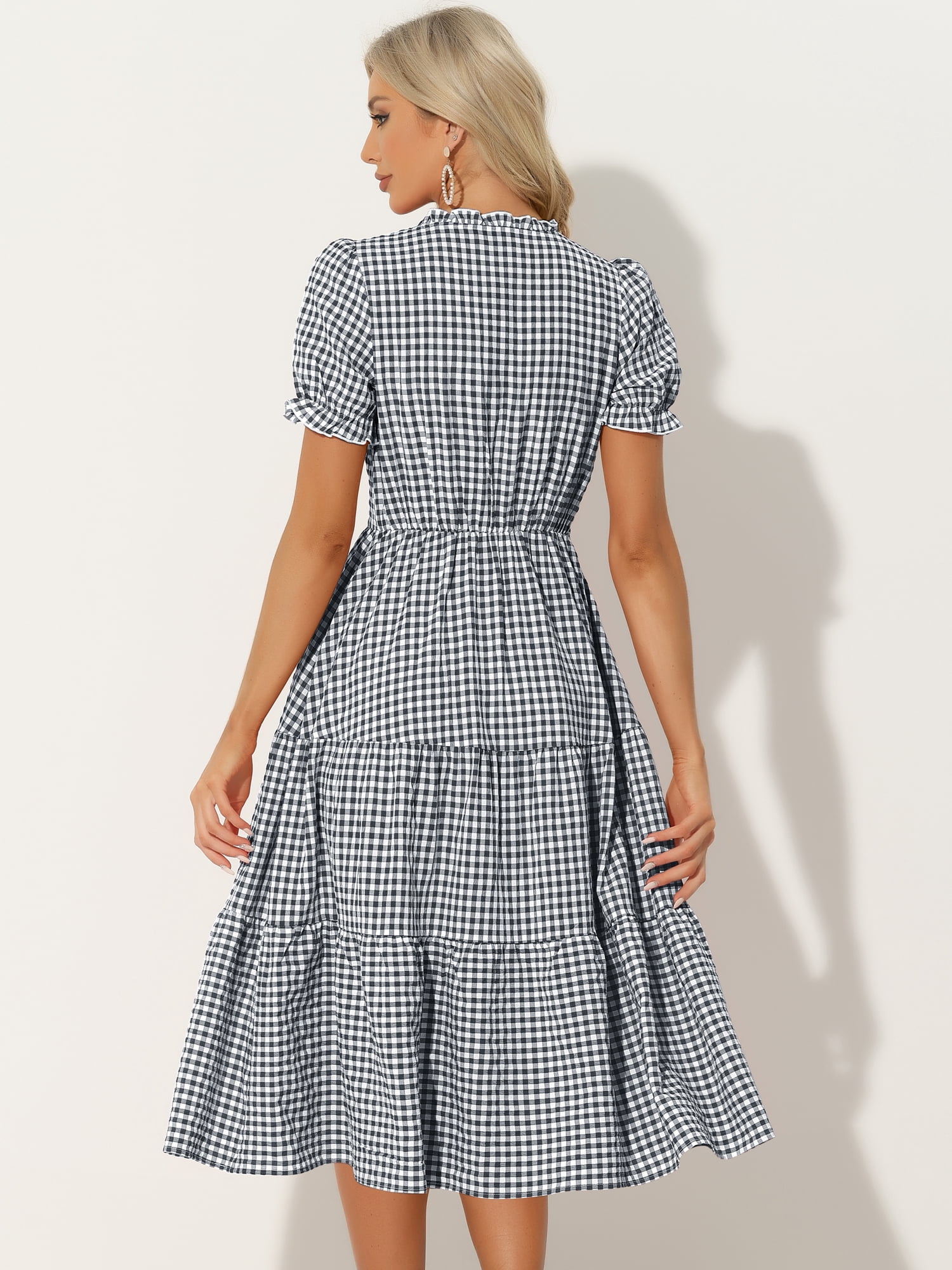 DARING DIVA Women's Gingham Summer Ruffle Trim V Neck Button Decor Dresses XS Black