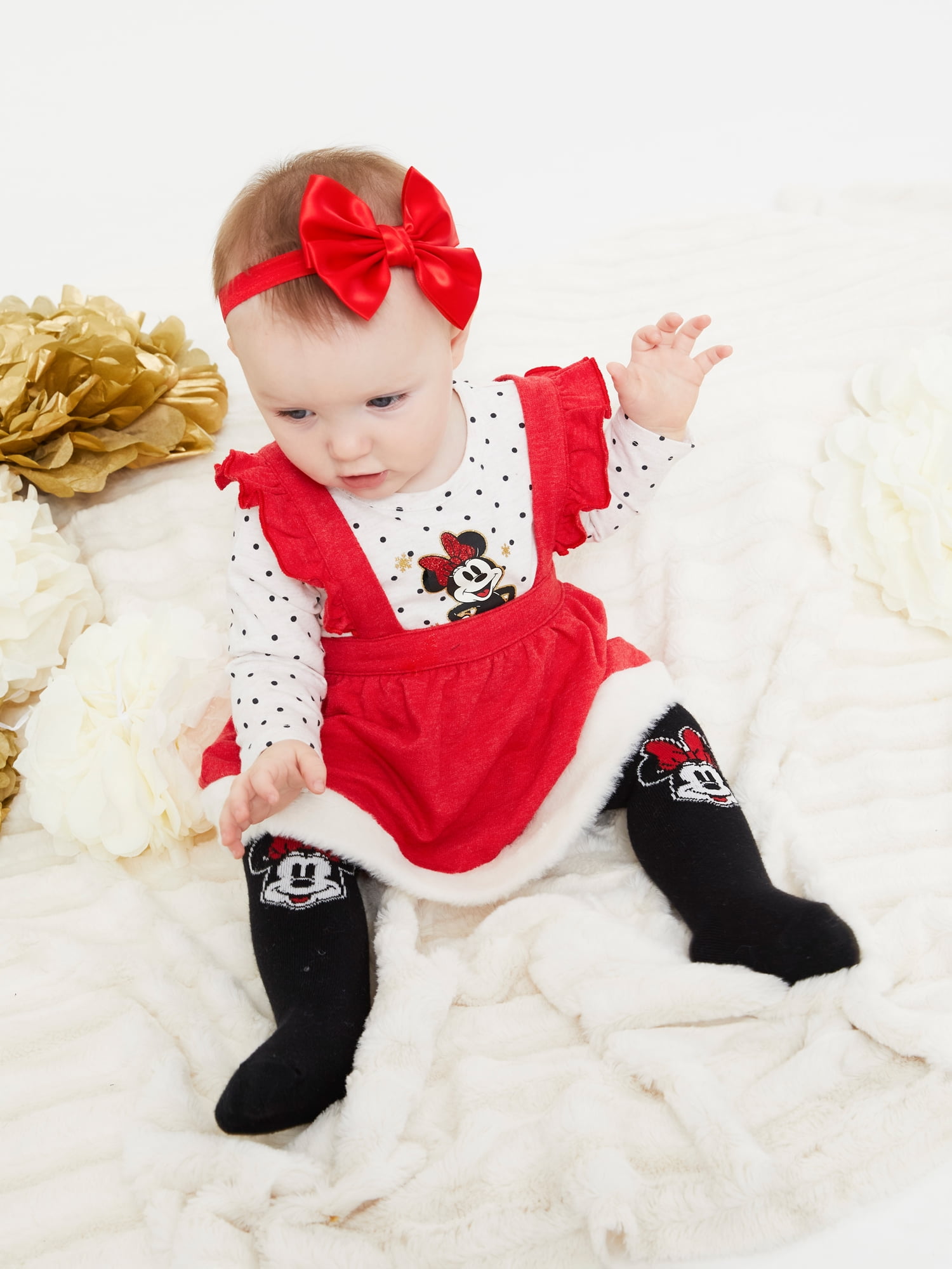 Disney Minnie Mouse Baby Girl Top, Pinafore and Tights Outfit Set, 3-Piece, Sizes 0/3-24 Months