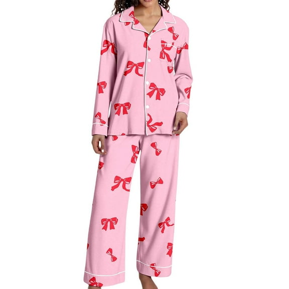 Yuncity Valentine's Day Pajama Sets For Women 2 Piece Bow Soft Comfortable Two Piece Outfit With Cozy Pants Pjs Sleepwear Pink L