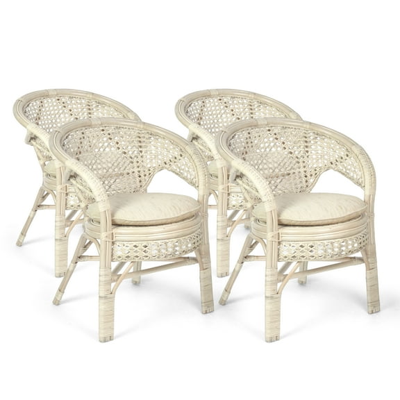 Set of 4 Pelangi ECO Natural Rattan Wicker Dining Armchairs Handmade Design, White Color