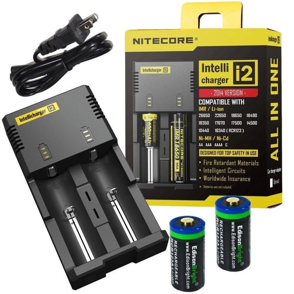 2 Pack EdisonBright EBR65 type 16340 RCR123A rechargeable protected li_ion 650mAh batteries with Nitecore i2 battery charger
