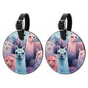 Alpaca 2pcs PU Leather Round Bag Tags with Privacy Cover and Name ID Tag - Suitcase Tags for Travel Luggage, Handbags, Backpacks, School Bags