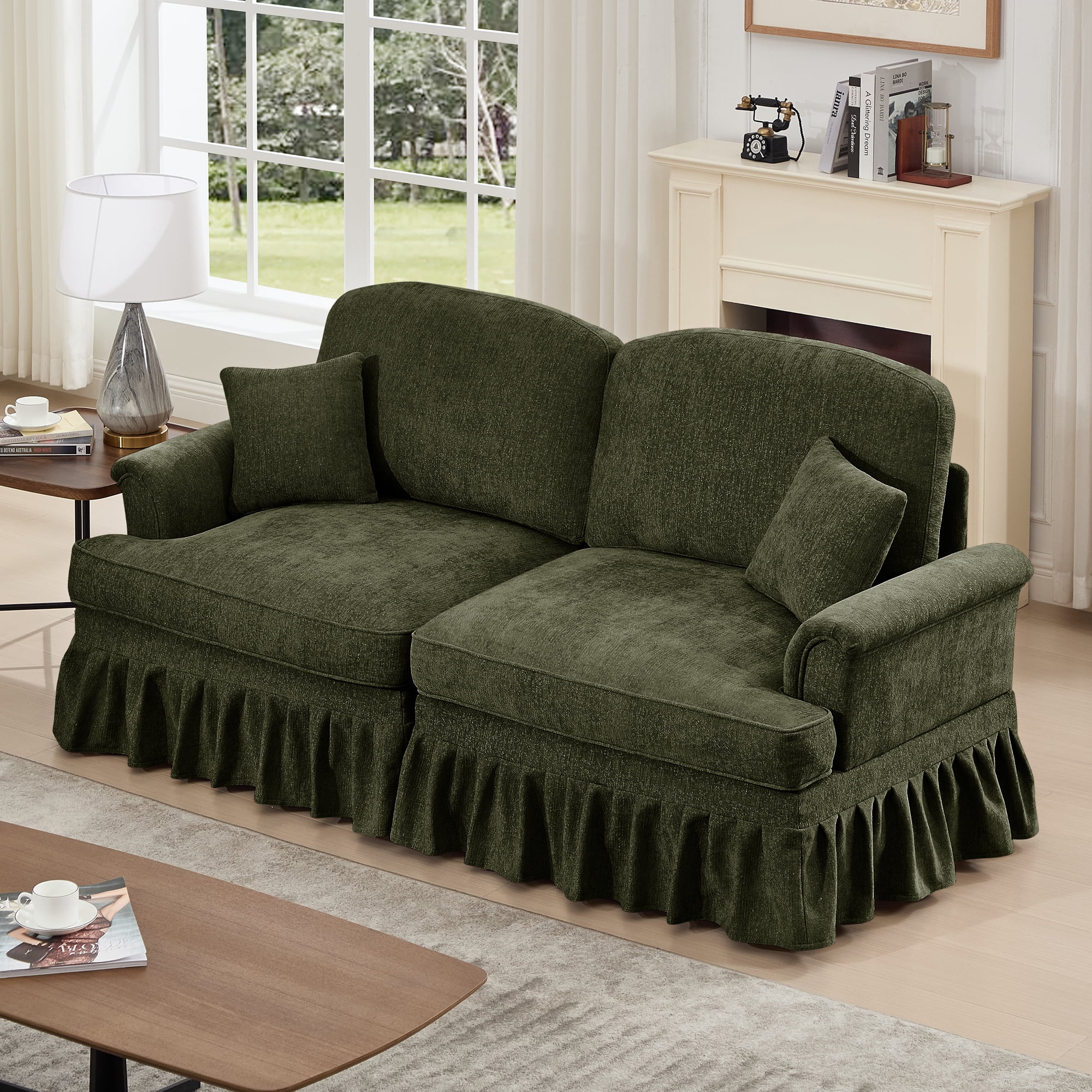 Gewnee 2-in-1 Convertible Sectional Sofa with Removable Ruffled Skirt , Petal-Shaped Arms, Ottoman and Lumbar Pillow Included, Multiple Configurations