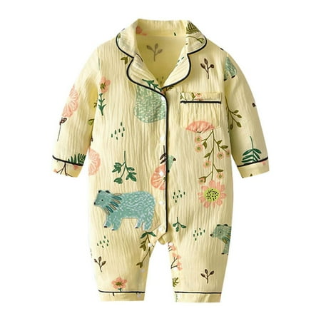 Bodysuit for Boys and Girls Floral Cartoon Print Pajamas Button Up Pajamas Footie V-Neck Casual Kids Jumpsuits Children Clothes for 12-18 M