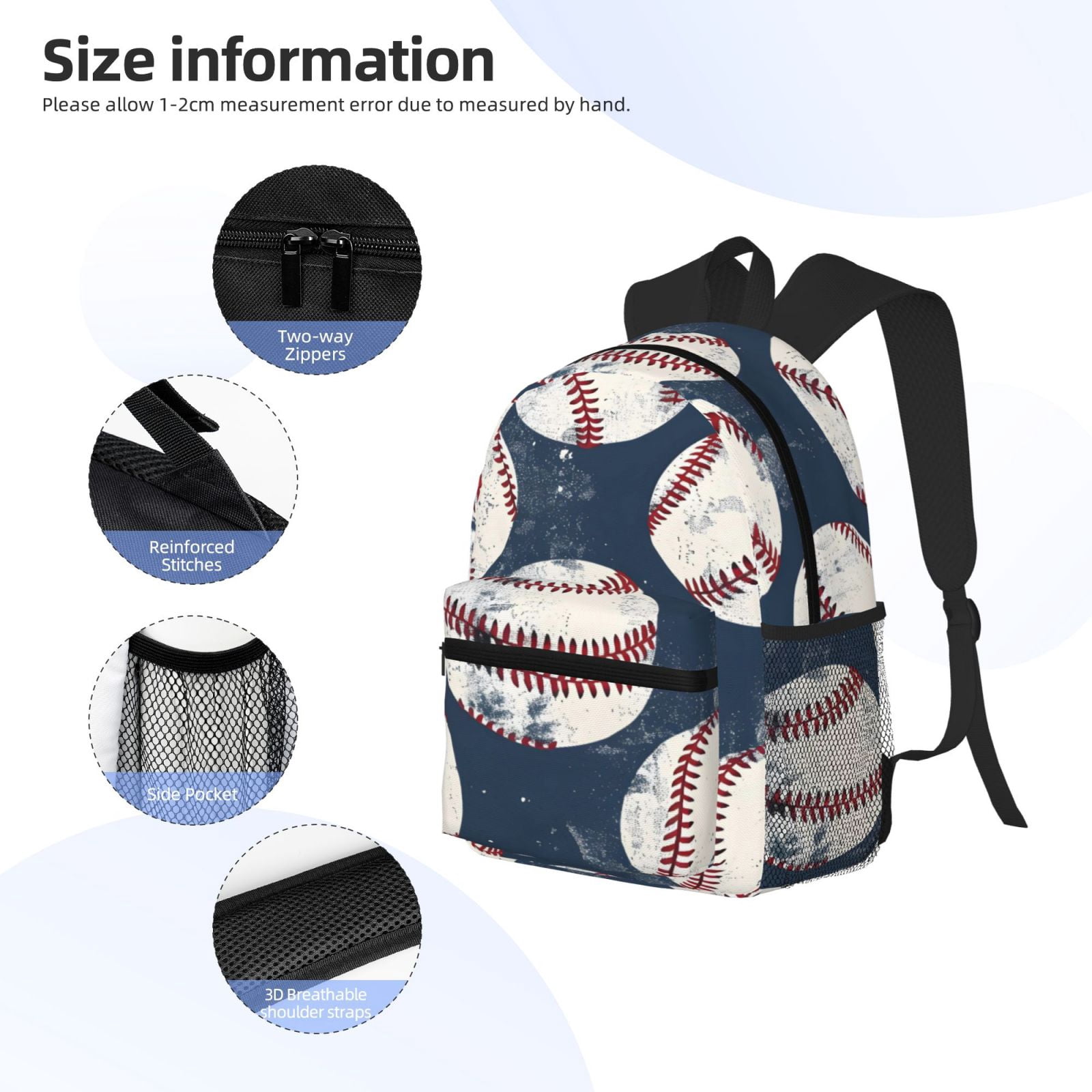 Casual Backpack Water Resistant Lightweight Daypack For Work Travel Hiking Camping Laptop Compartment & Side Mesh Pockets Vintage Baseball Theme Retro Sport Style Worn Leather Baseballs