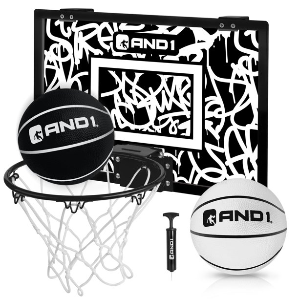 AND1 Mini aro sobre la puerta: - Aro de baloncesto portátil premontado de 18 x 12 con borde flexible, incluye dos balones de baloncesto desinflados 5 - Blanco/Negro (5A1GT0110W0E2)