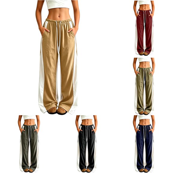 RUTAYY Women's Pants Elastic Drawstring Waist Color Block Wide Leg Side Pockets Casual Daily Trousers Khaki
