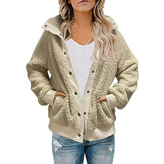 Baqcunre Women's Clothing, Women's 2025 Winter Long Sleeve Button Sherpa Jacket Coat Pockets Warm Fleece Valentines Day Gifts, 1Pc Jacket Beige L