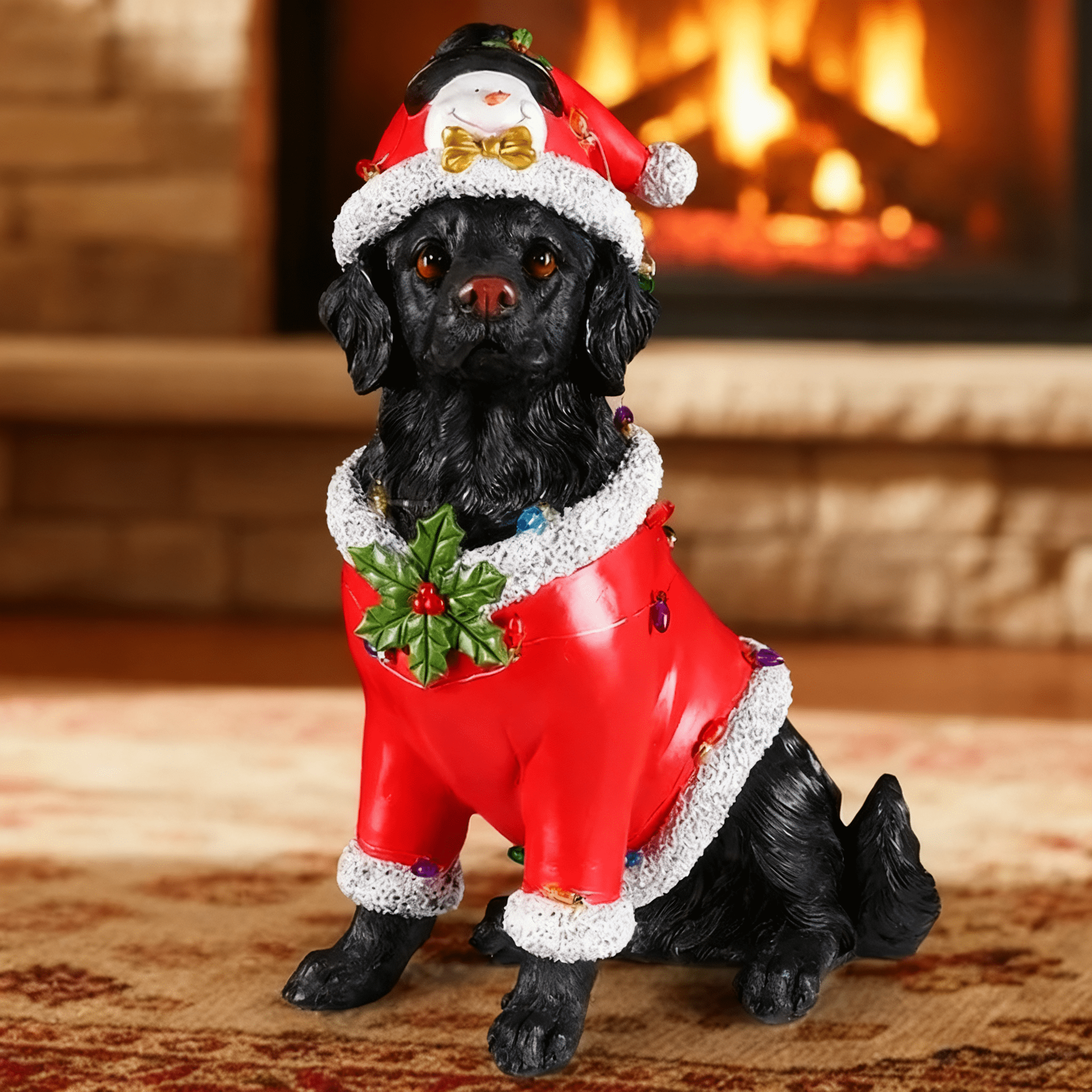 Black Retriever Dog Red Santa Outfit Christmas Statue with Santa Hat Holiday Tabletop Decor