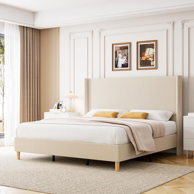 Qinaqin Beige King Size Corduroy Upholstered Platform Cama Frame con 51 inch cm de Anchoingback Alturaeadboard Vertical Stripes y Profundidad Madera Slats No Caja Spring Needed