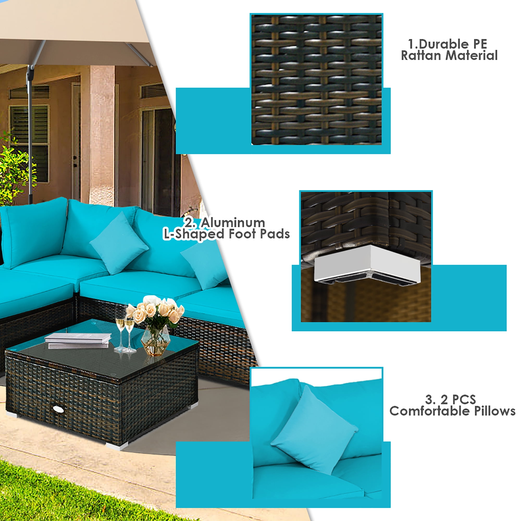 Costway 5PCS Outdoor Patio Rattan Furniture Set Sectional Conversation Turquoise Cushion