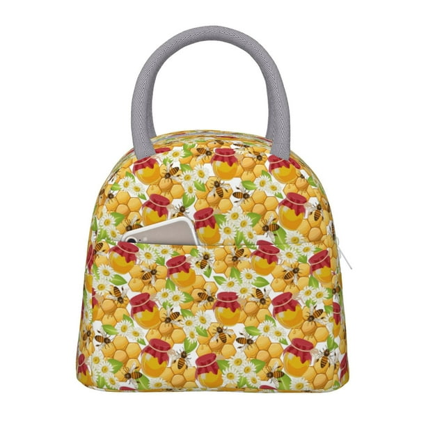 Balery Bees Honeycomb Jars Of Honey Flowers Bolsa de Almuerzo para Mujeres, Caja de Almuerzo, Bolsa de Almuerzo Pequeña Impermeable, Tote de Almuerzo Reutilizable con Gran Capacidad