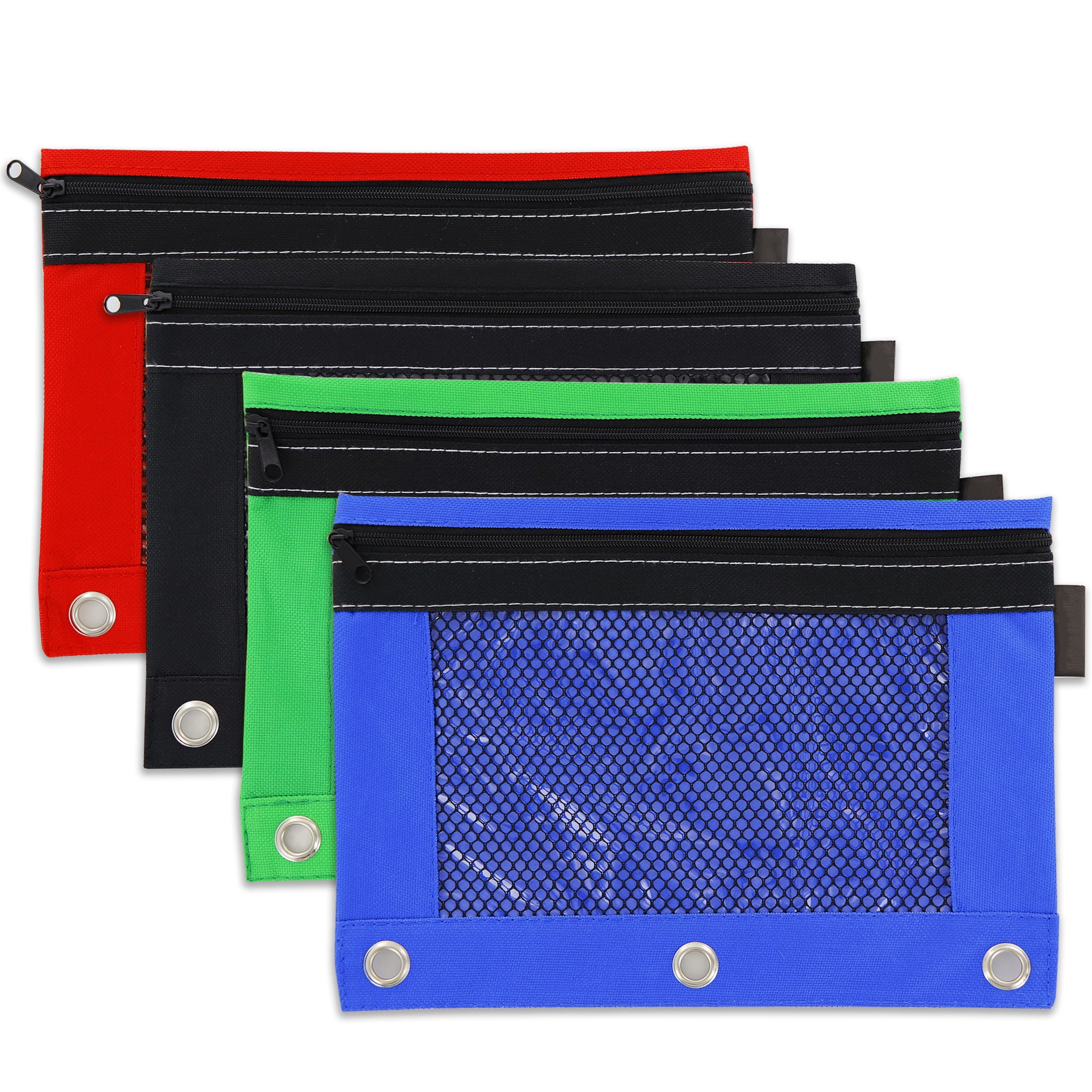 Emraw 3 Ring Holes Pencil Pouch Case Zipper Pen Pouches Bags for Students Stationery, Pencils, Sharpeners, Erasers, Pens, Markers and Other School Supplies (Pack of 4)
