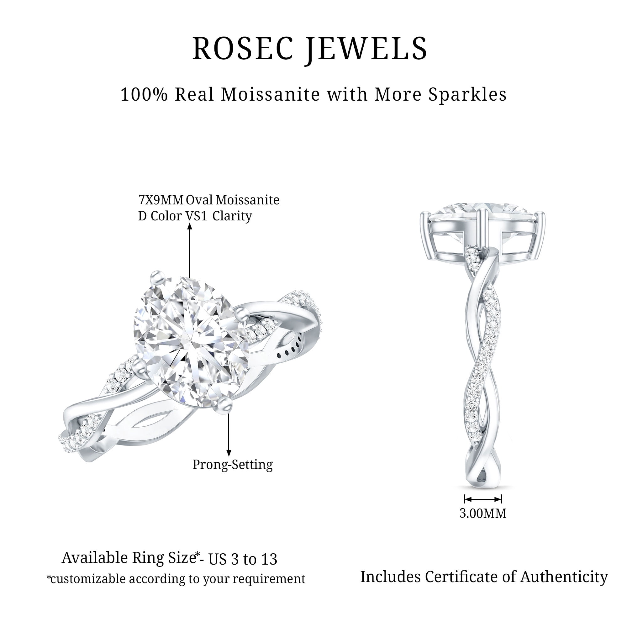 Rosec Jewels Certified Moissanite Oval Engagement Ring 2 Carat - Braided Ring for Women (7X9 mm, D-VS1 Quality), 14K White Gold, US 4.50
