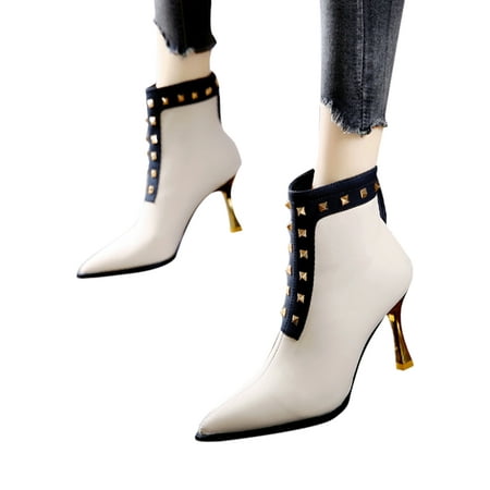 

Ymiytan Womens Rivets Heeled Booties Business Fashion Pointed Toe Bootie Walking Ankle Boot Beige 5