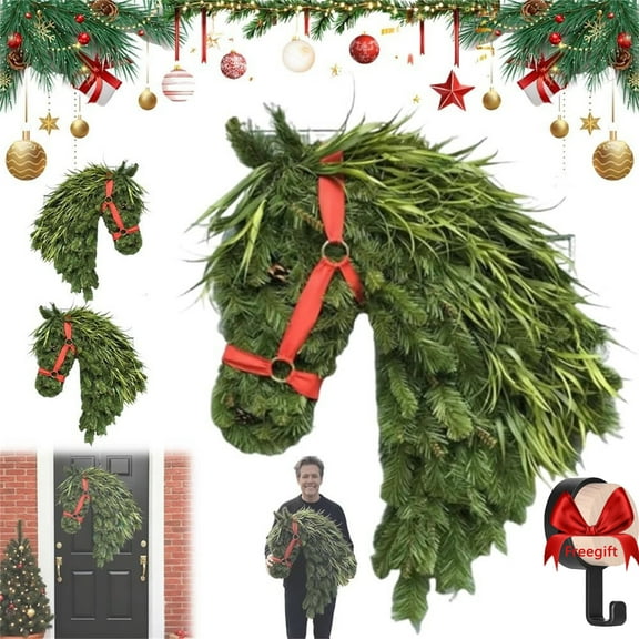 Horse Head Wreath,Rustic Farmhouse Equestrian Door Decor,Handmade Horse Head Christmas Wreath with Red Bow, Faux Greenery Holiday Wreaths for Front Door, Bar(43×33cm)