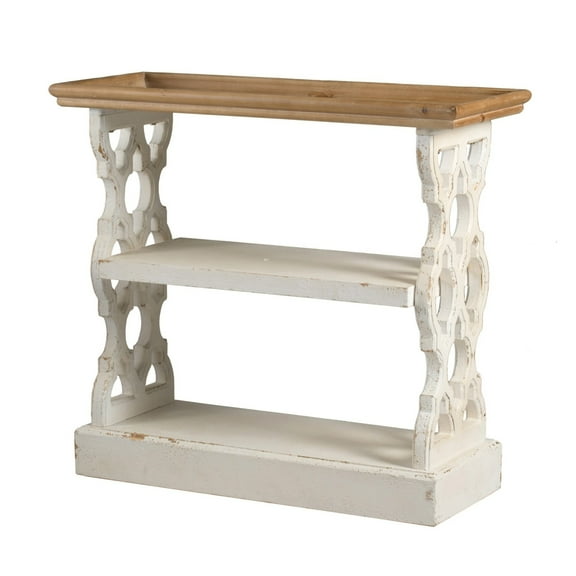 35 Inch 3 Tier Console Table, Fir Wood, Carved Panels, Brown and White- Saltoro Sherpi