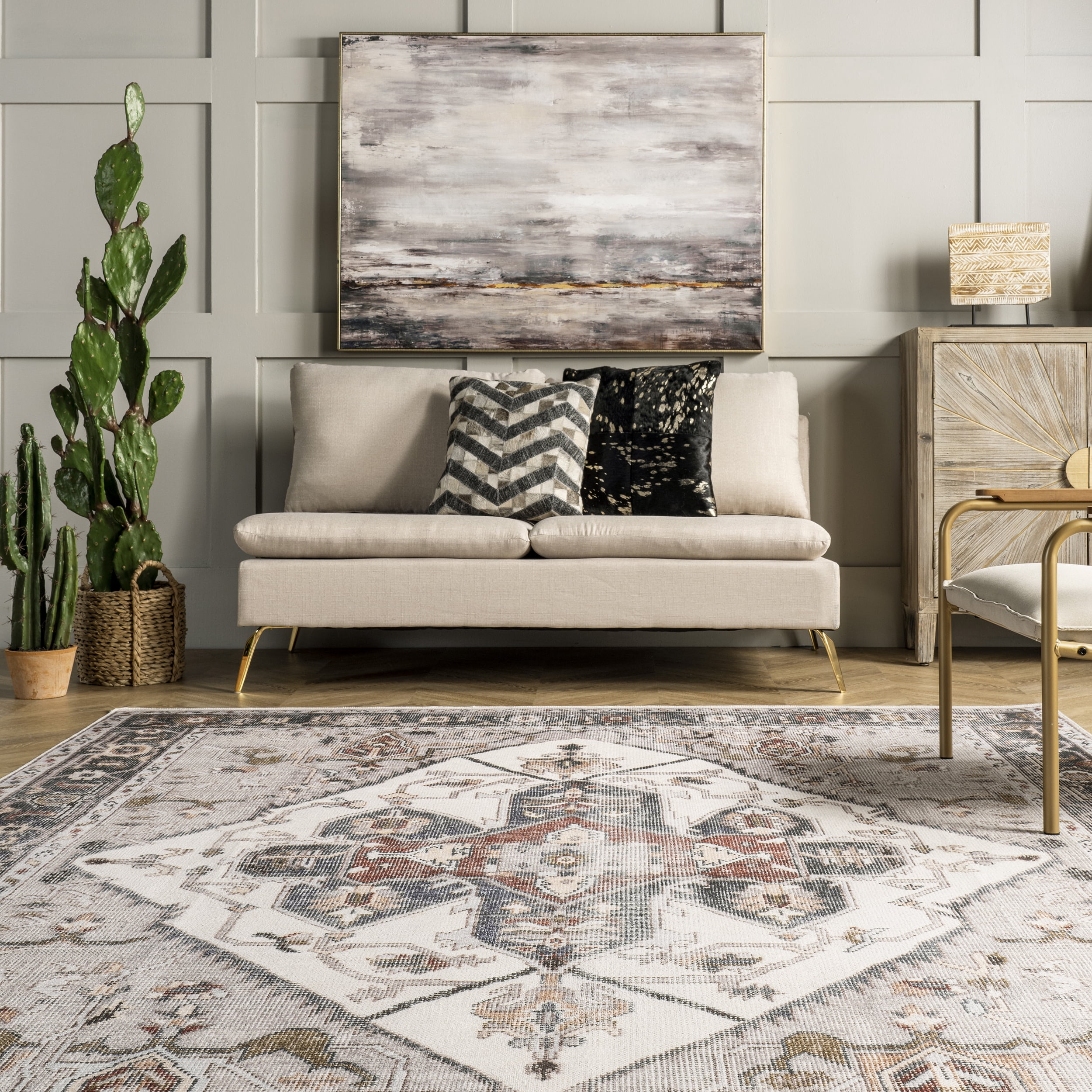 nuLOOM Mali Machine Washable Traditional Medallion Area Rug, 6', Ivory