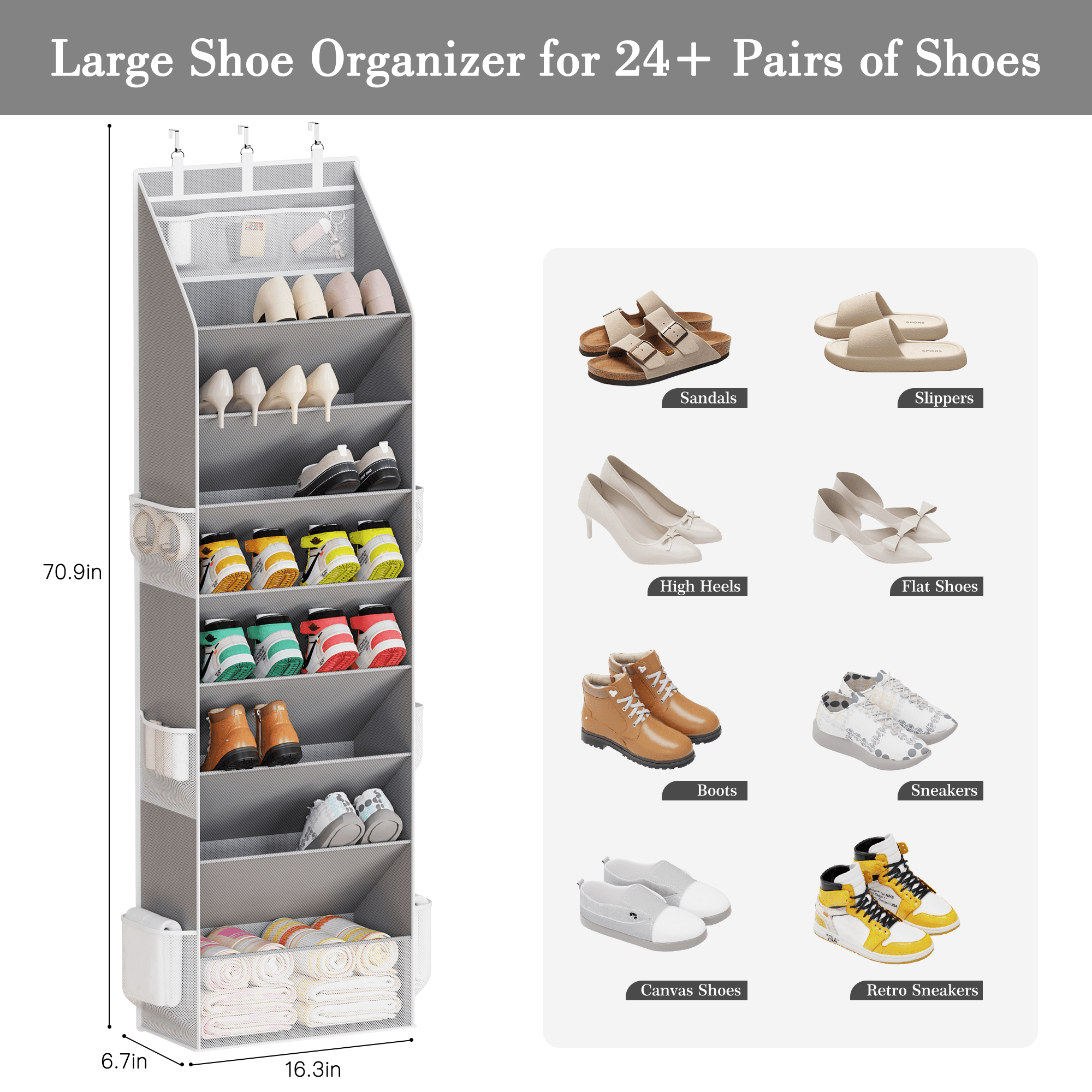 Criusia Over the Door Shoe Organizer, Hanging Shoe Storage with Deep Pockets ,Ideal for Sneakers, Heels, Boots, Fits 16-24 Pairs of Shoes, Gray