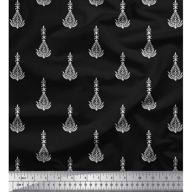 Soimoi Silk Fabric Leaves & Floral Block Decor Fabric Printed Yard 42 Inch Wide