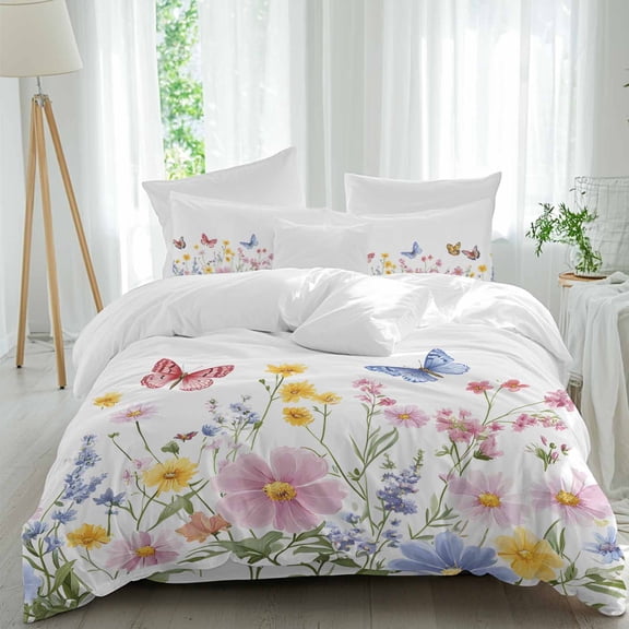 Pink Blue Yellow Floral Duvet Cover Set Full Size Butterfly Wildflower Watercolor Plant Soft Lightweight Comforter Covers 4 Piece Bedding Set with 1 Duvet Cover 1 Bed Sheet & 2 Pillow Shams