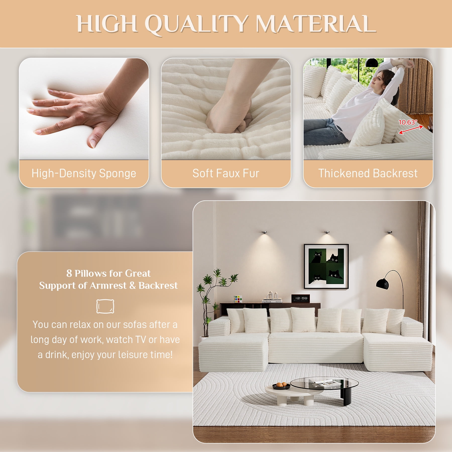 Wiilayok U Shaped Sectional Sofa,Modular Cloud Corduroy Sofa Couch with Extra Deep Seat for Living Room Sofa, No Assembly, Beige