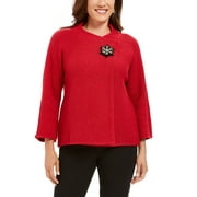 JM Collection Women's Petite Wrap-Front Brooch Sweater Blazer Red Size Medium
