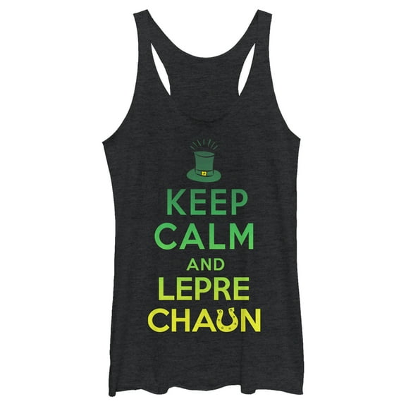Women's Lost Gods St. Patrick's Day Keep Calm and Leprechaun Green Fade  Racerback Tank Top Black Heather Large