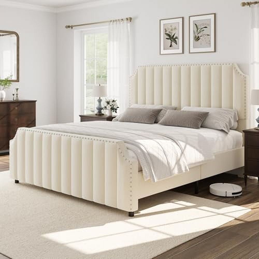 Huisuilinss Queen Bed Frame,Upholstered Platform Bed Frame,Velvet King Size Bed Frame With Nailhead Trim Headboard & Footboard,No Box Spring Needed,Noise Free,Wooden Slats