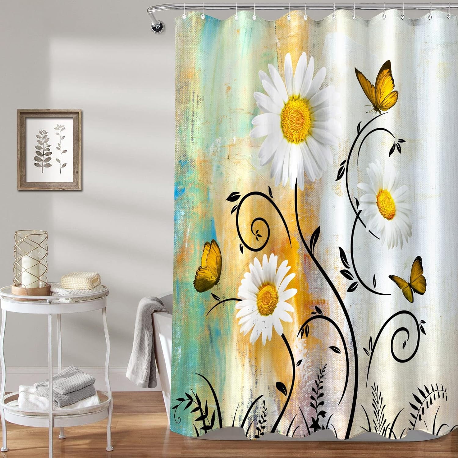 Rustic Farmhouse Shower Curtain White Daisy Floral Orange Waterproof Fabric Shower Curtains for Bathroom Flower Yellow Butterfly Bath Curtain Decor with Hooks (Yellow, 72'''' x 72'''')