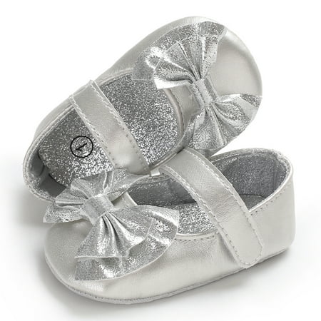 Newborn Baby Girls Shoes Soft Sole Non-Slip PU Leather Sandal Toddler Prewalker Bowknot Princess Shoes Silver (Best Dress Shoes For The Money)