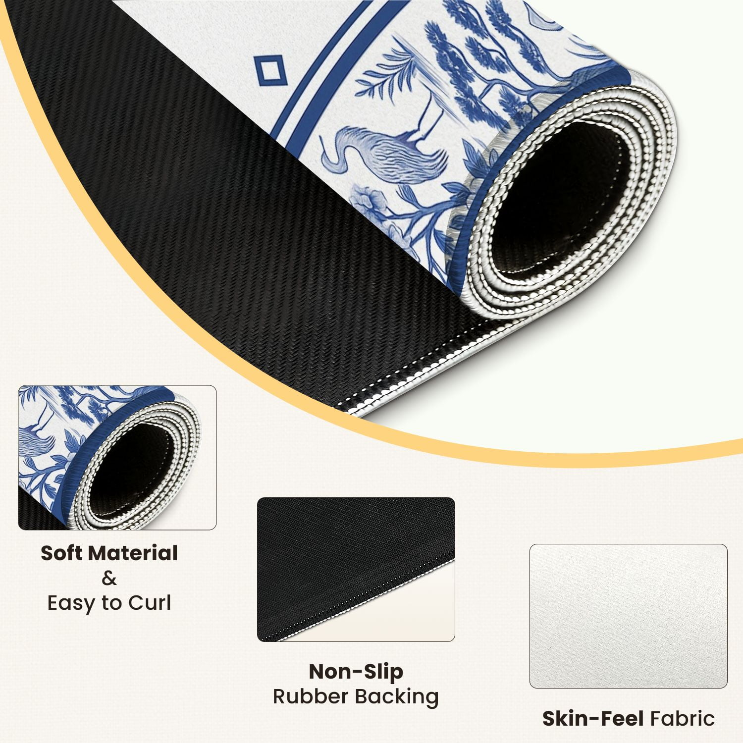 Mahjong Mat 31.5" x 31.5" Blue White Floral Crane Oriental Pavilion Anti-Slip and Noise Reduction Symmetry Design Mahjong Tiles Table Cover for Dominoes Poker Card Board and Tile Games