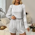 thumbnail image 6 of ROHUUQUE Pajama Sets for Women 2 Piece Solid Long Sleeve Tops Hollow Out Elastic Waist Shorts Pjs Outfits, 6 of 9