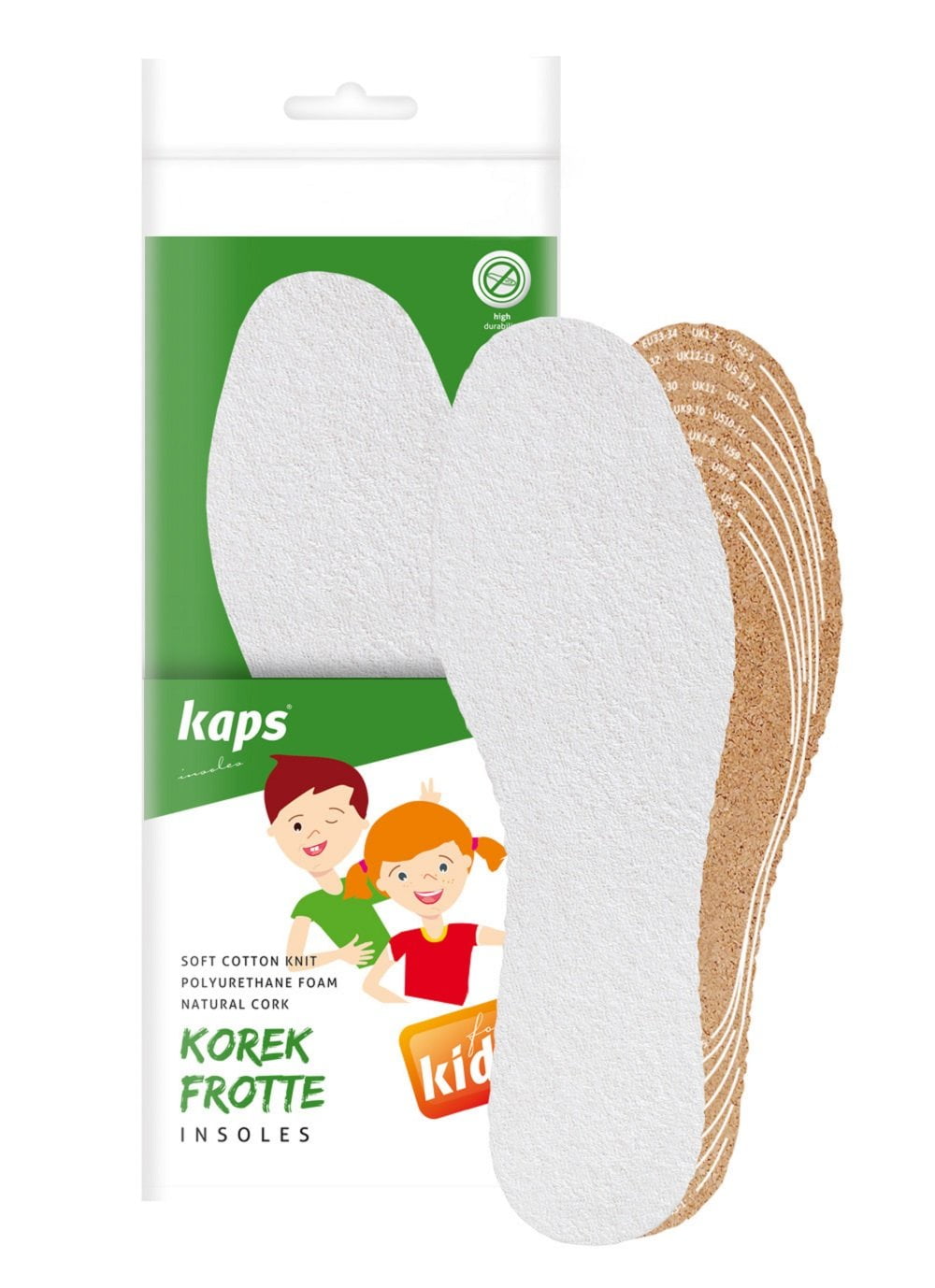 Kaps Cork Frotte Kids, Terry Cloth And Cork Shoe Insoles For Kids, 1 Pair