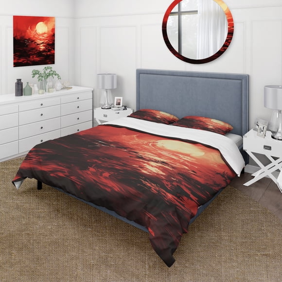 Designart "Crimson Sunset Storm" Coastal Sunset Bedding Covert Set - Landscapes Red Coastal Bed Set With 2 Shams