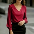 thumbnail image 5 of Satin Shirts for Women Fashion Casual V Neck Solid Color Top Puff Long Sleeve Blouse Dressy Business Work Tops Blusa Satinada Mujer Elegante, 5 of 8