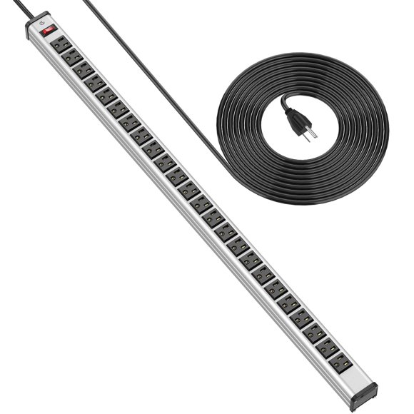 BTU Long Heavy Duty Power Strip 24 Outlet Large Metal Power Strip Garage Workshop Commercial Industrial Power Strip with Circuit Breaker.10FT Cord 15A 125V 1875W (Silver)