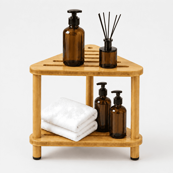 Efoee Bamboo Corner Shower Stool for Inside Shower, Waterproof Compact Bathroom Shower Corner Bench Seat, Bathroom Organizers and Storage, Shower Shaving Foot Rest with Non-Slip