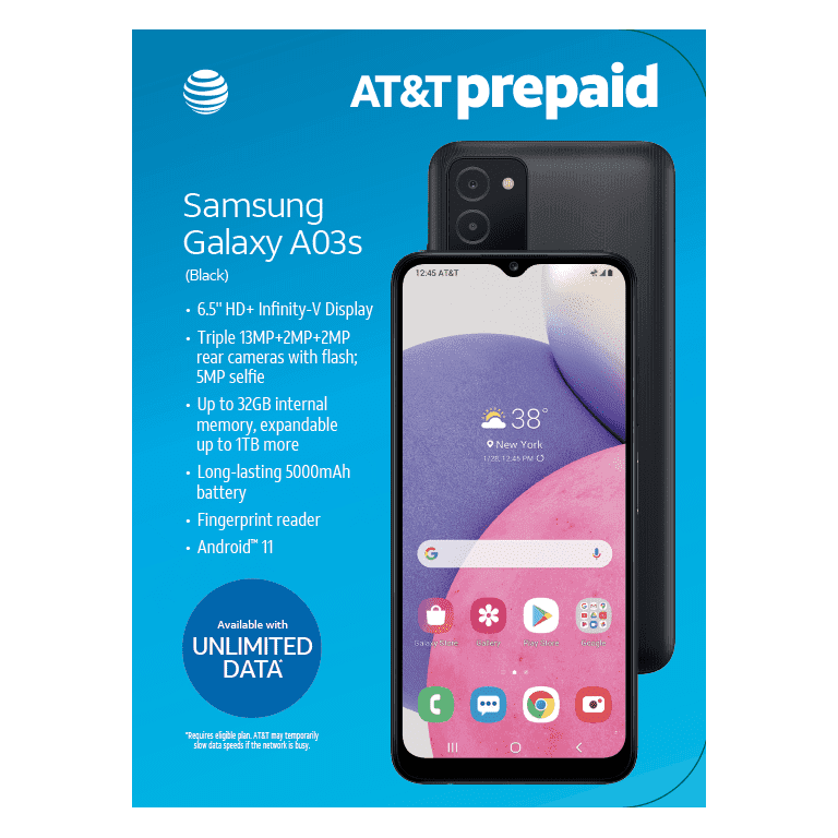 AT&T Samsung A03s 6.5" HD + Infinity V Display 32GB Black Prepaid