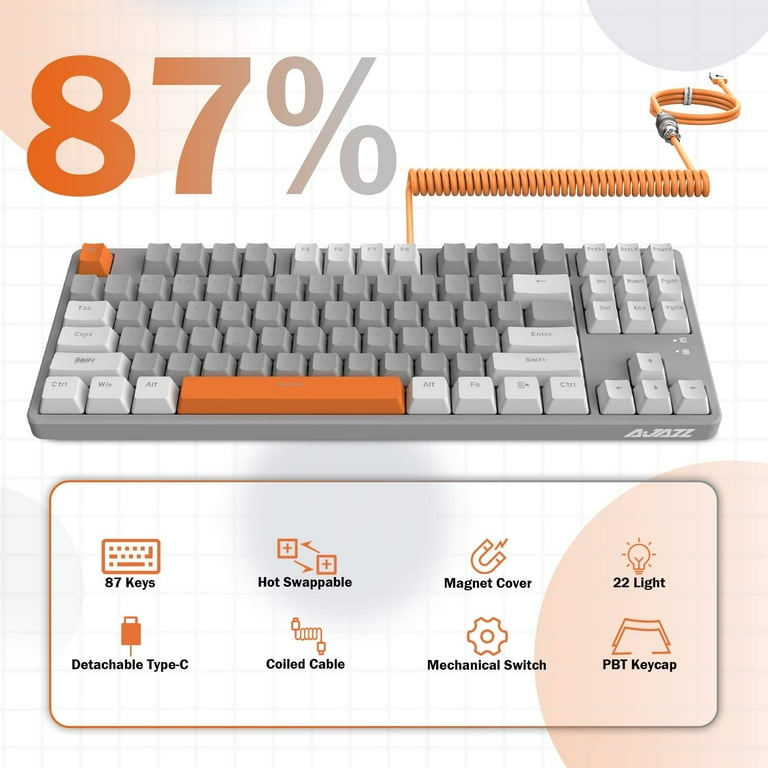Ajazz AK873 Wired Hot Swappable Mechanical Keyboard, Coiled Cable