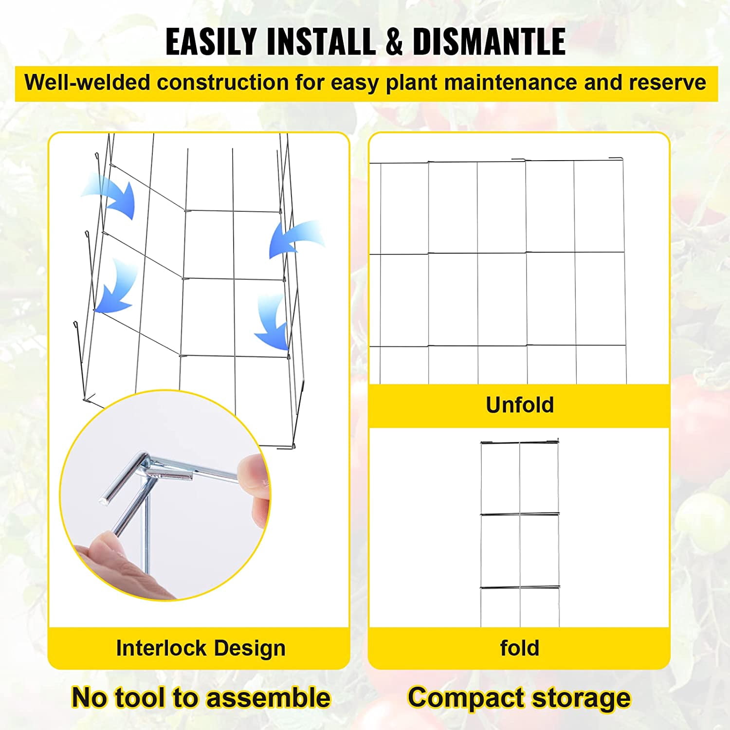 WLTER Tomato Cages, 11.8" x 11.8" x 46.1", 5 Packs Square Plant Support Cages, Silver PVC-Coated Steel Tomato Towers for Climbing Vegetables, Plants, Flowers, Fruits