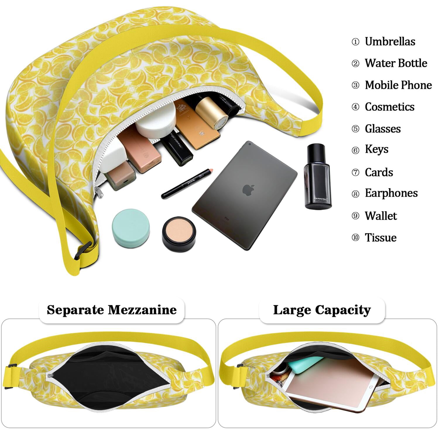 Summer Lemon Pattern Nylon Hobo Bag for Women, Bright Yellow Lightweight Shoulder Purse, Retro Crossbody Tote Handbag, Water-Resistant and Durable for Travel
