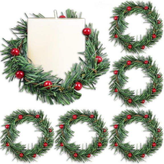 Red Berries Christmas Candle Rings Set of 6, Pine Needles Christmas Wreath Wedding New Year Dinner Candle Holders for Table Centerpieces Wall Door Window Fireplace Decor