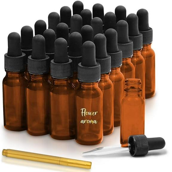 Culinaire 24 Pack Of 1 oz Amber Empty Glass Dropper Bottles with Gold Glass Pen