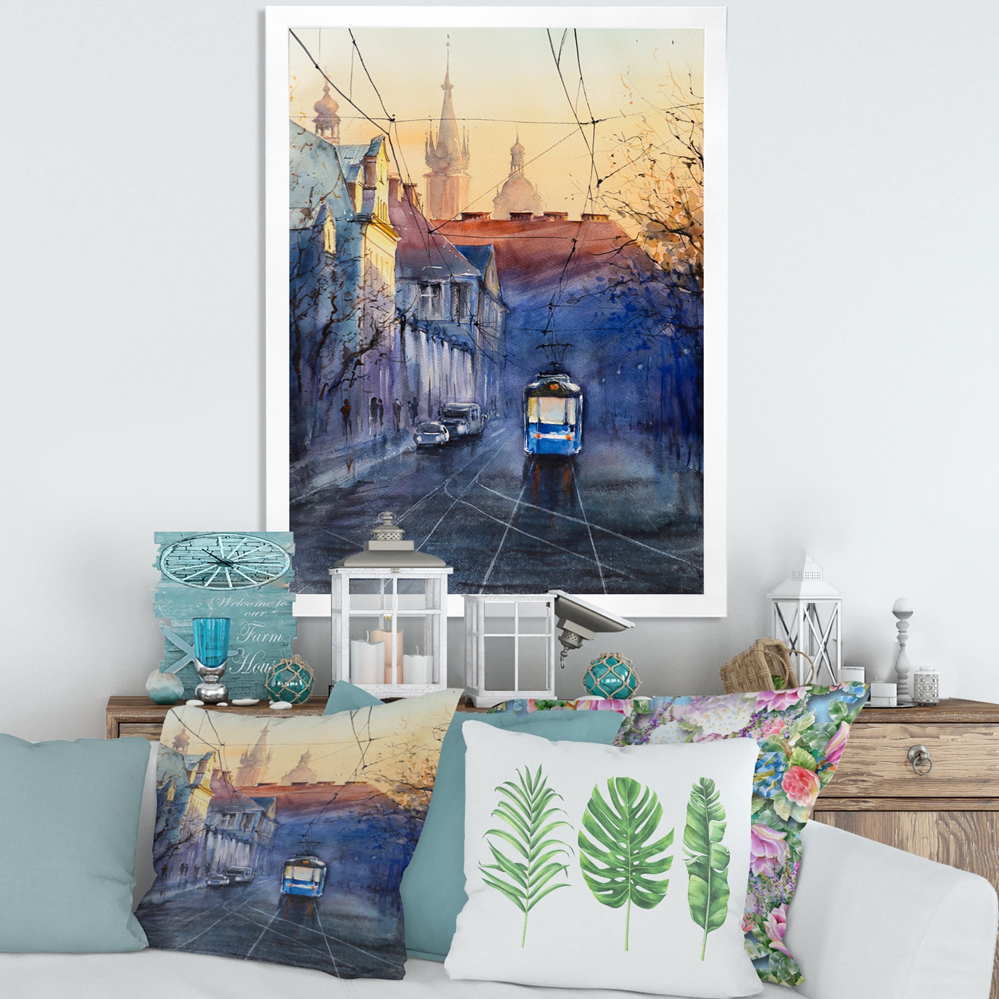 Blue Tram At Sunset With Church During Sunset Cityscape 12 in x 20 in Framed Painting Canvas Art Print, by Designart