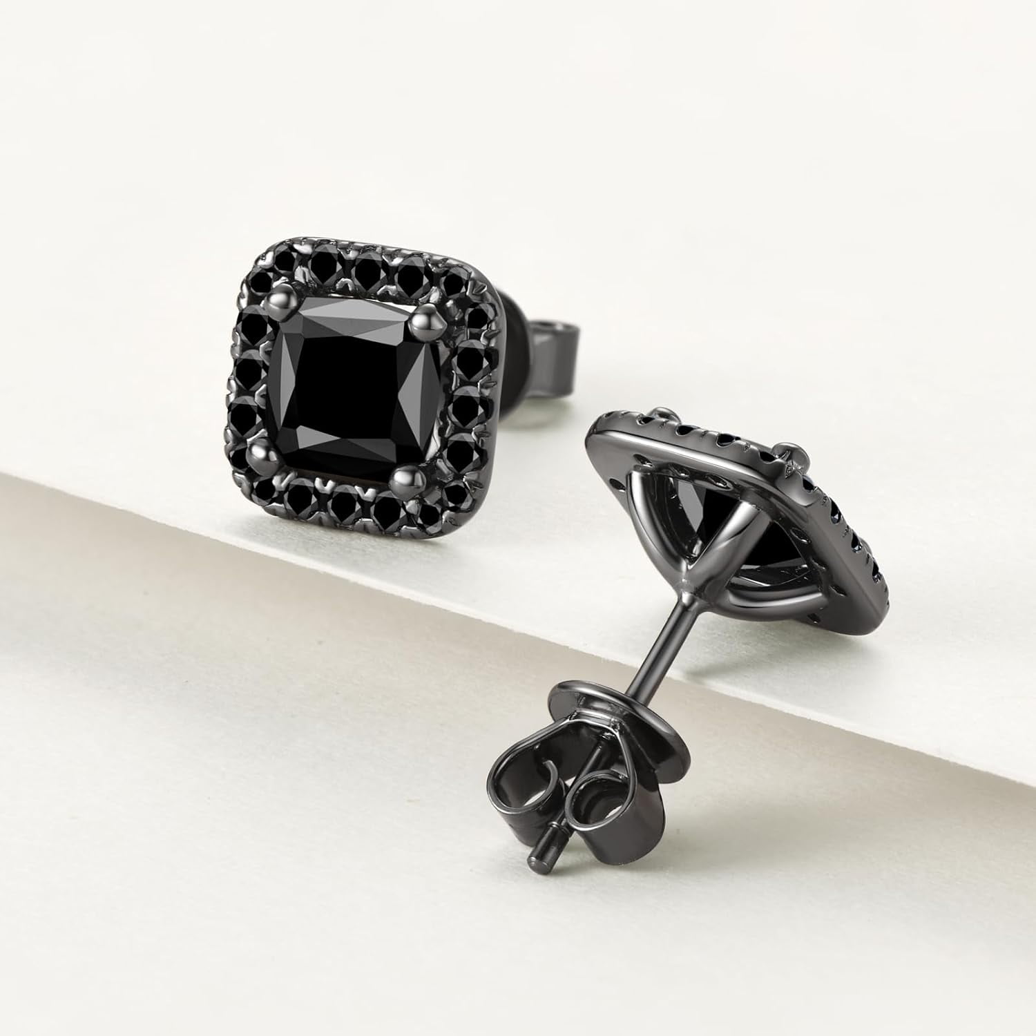 Leander 925 Sterling Silver Black Onyx Stud Earrings For Men Women, Hypoallergenic Mens Viking Rune Square Simulated Diamond CZ Studs Cushion/Round/Princess Cut Onyx Earrings Fine Jewelry