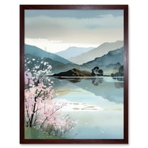 Lakeside Landscape with Cherry Blossom Tree Modern Watercolour Painting Art Print Framed Poster Wall Decor 12x16 inch