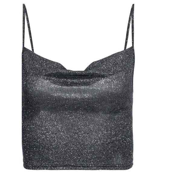 LMLYSoH Women Summer Crop Top, Black Shiny Spaghetti Straps Low Cut V-Neck Form-Fitting Tank Top for Girls