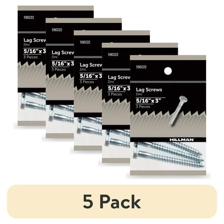 (5 pack) Hillman Lag Screws, 5/16" x 3", Steel, Zinc, Interior Screws, Hex Drive, Silver, 3 pack